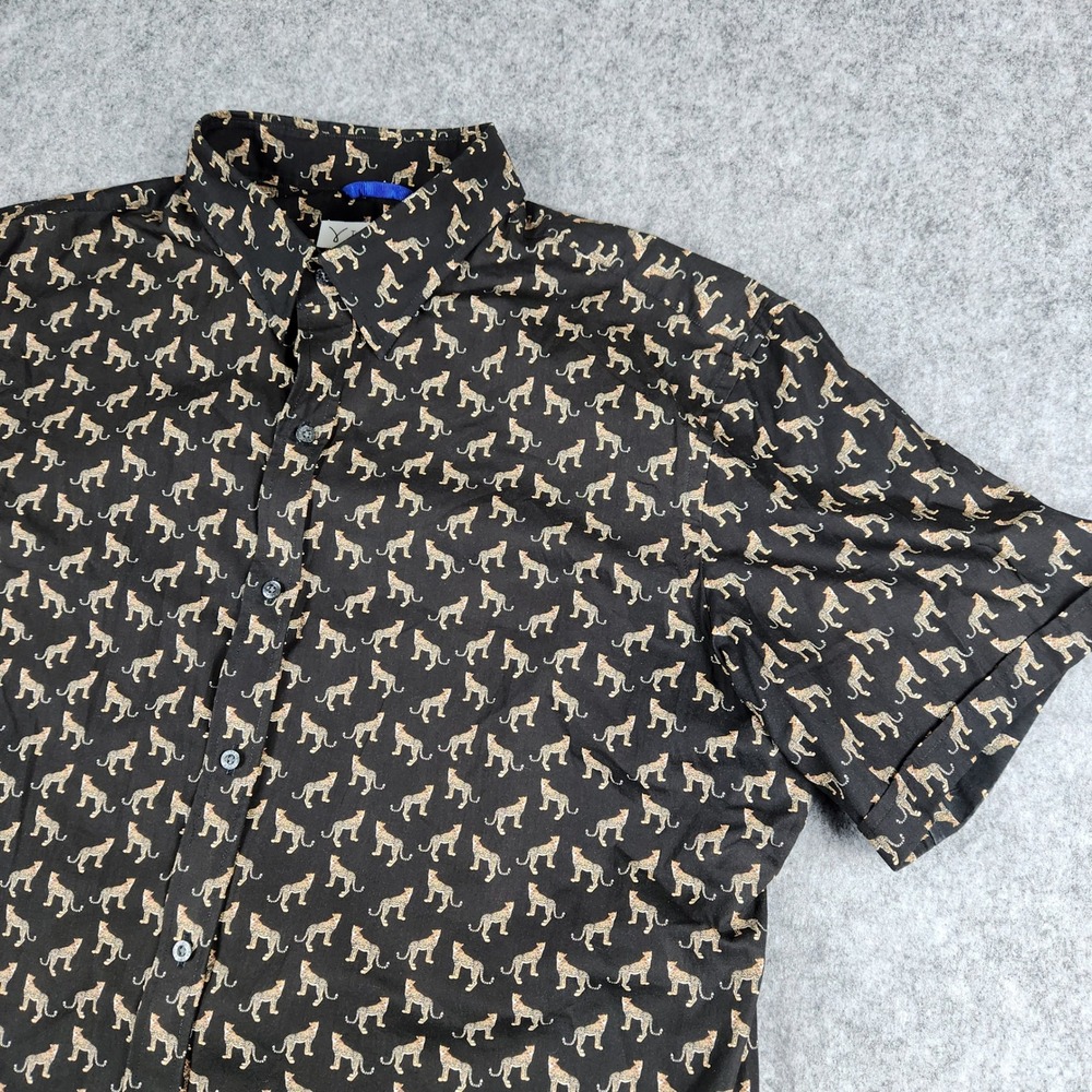 Teddy Stratford Zip Fit Shirt Men 6 2XL Black Leopard Hidden Zipper Anti Gap